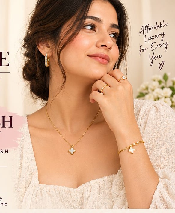 Model wearing delicate gold-tone SALVILUXE jewellery